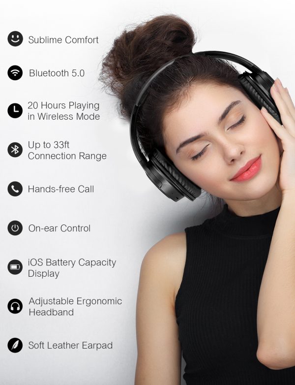 MPOW H7 Bluetooth Headphones, Comfortable Over Ear Wireless Headphones, Hifi Stereo Headset, Wireless Wired Mode, Built-in Microphone for Kids, Adults, Cellphone, Online Class, Home Office, PC - Black - Image 4