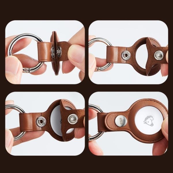 安装图 Apple Airtags Leather Case with Metallic Keychain - Brown - Image 9