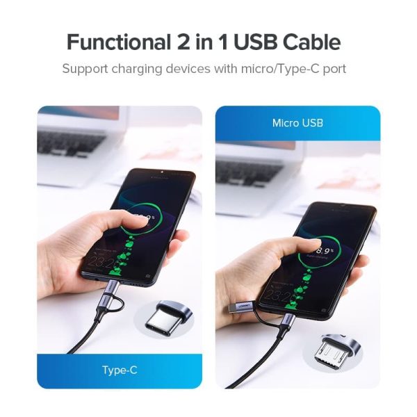 UGREEN 2 in 1 Cable Micro USB 2.0 & USB Type C Cable Nylon Braided - 3 Feet - Black - 30875 - Image 5