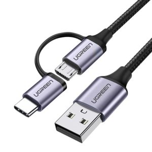 UGREEN 2 in 1 Cable Micro USB 2.0 & USB Type C Cable Nylon Braided - 3 Feet - Black - 30875