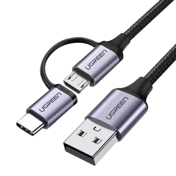 2 UGREEN 2 in 1 Cable Micro USB 2.0 & USB Type C Cable Nylon Braided - 3 Feet - Black - 30875 - Image 1