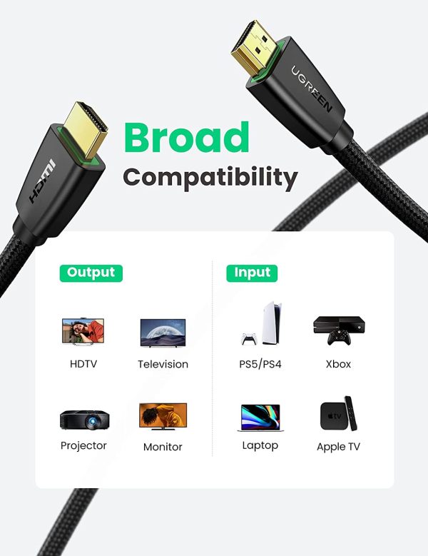 61-8gNBLpYS._AC_SL1500_ UGREEN HDMI Cable 4K Braided High Speed HDMI Cord 18Gbps with Ethernet Support 4K 60HZ Compatible for UHD TV Monitor Computer Xbox 360 PS5 PS4 Blu-ray - 40410 - 6 Feet - Black - Image 2