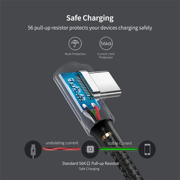 UGREEN USB C Cable Braided Right Angle 90 Degree USB A to C Fast Charger Supported 6 Feet - Black - 50942 - Image 4