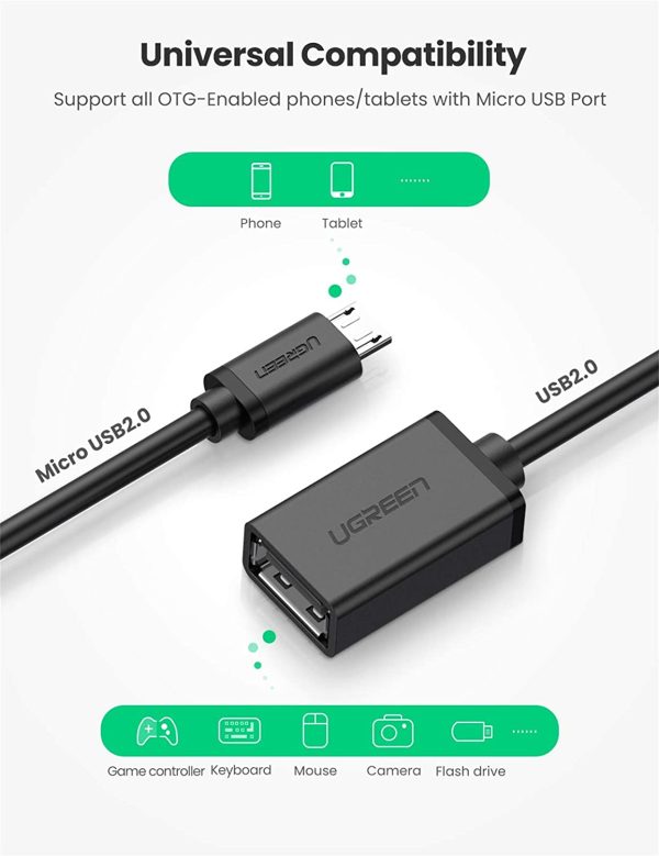 UGREEN Micro USB 2.0 OTG Cable On The Go Adapter Male Micro USB to Female USB - Black - 15 cm - 10396 - Image 3