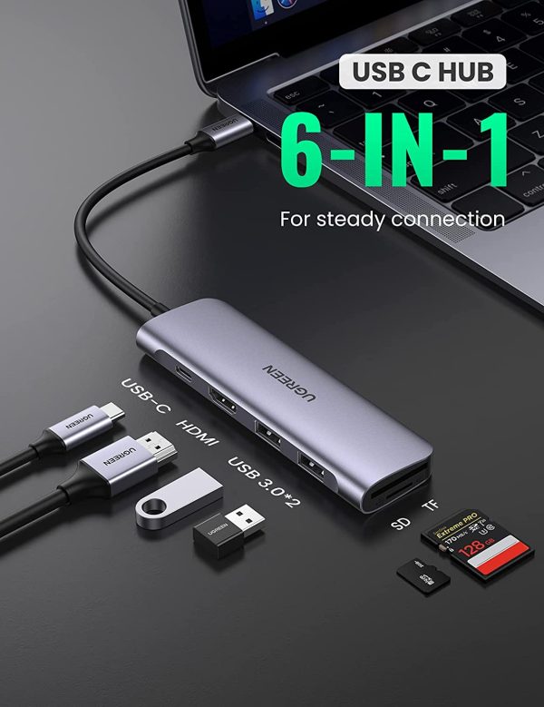 UGREEN USB C Hub 6 in 1 Dongle to HDMI 4K 2 USB 3.0 Ports SD TF Card Reader 100W PD Charging - 70411 - CM195 - Silver - Image 2