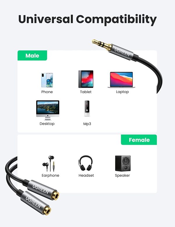 UGREEN Headphone Splitter 3.5mm Audio Stereo Y Splitter Extension Braided Cable Dual Headphone Jack Adapter for Earphone - 20 cm - Black - 10532 - Image 2