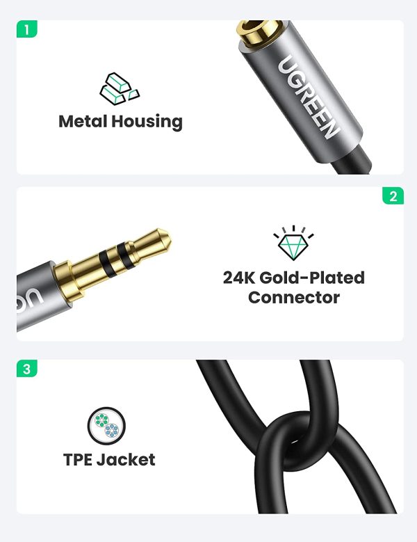 UGREEN Headphone Splitter 3.5mm Audio Stereo Y Splitter Extension Braided Cable Dual Headphone Jack Adapter for Earphone - 20 cm - Black - 10532 - Image 4