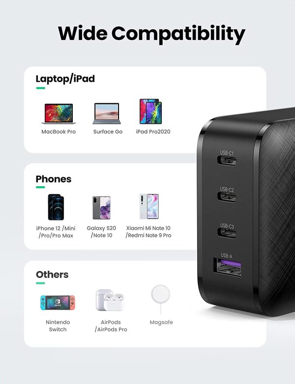 UGREEN USB C Charger 65W 4-Port PD Charger GaN Tech Fast Charging - 70773  - Black - Image 3