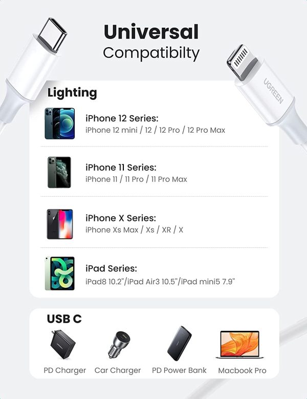 UGREEN USB C to Lightning Cable MFi Certified iPhone Charging Cable compatible with 20W Fast Charging - 3 Feet - White - 10493 - Image 3