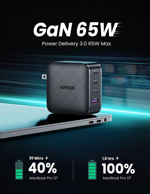 UGREEN USB C Charger 65W 4-Port PD Charger GaN Tech Fast Charging - 70773  - Black - Image 4
