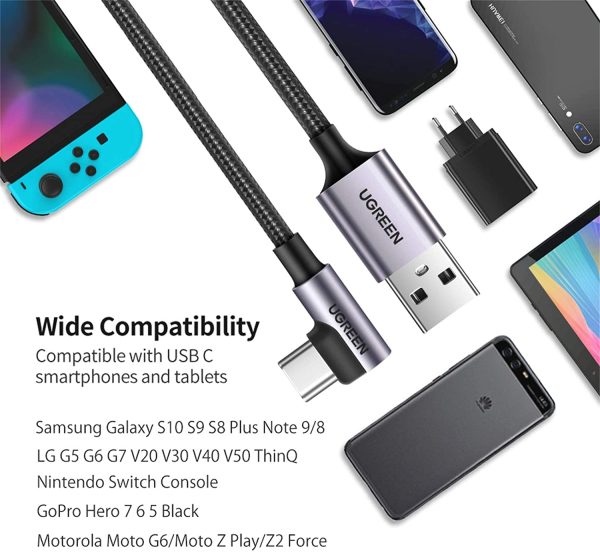 UGREEN USB C Cable Braided Right Angle 90 Degree USB A to C Fast Charger Supported 6 Feet - Black - 50942 - Image 3
