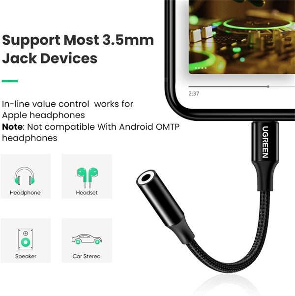 UGREEN Headphones Adapter for Apple MFi Certified iPhone Lightning to 3.5mm Jack Converter - 10 cm - Black - 30756 - Image 6