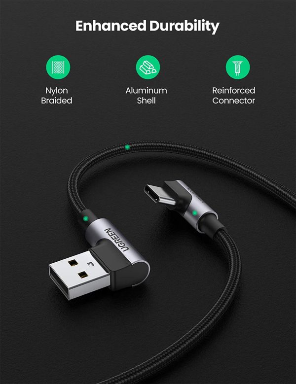 UGREEN USB C Cable 90 Degree Type C Cable 18W Fast Charging USB A to USB C Cable Right Angle - 6 feet - Black - 20857 - Image 4