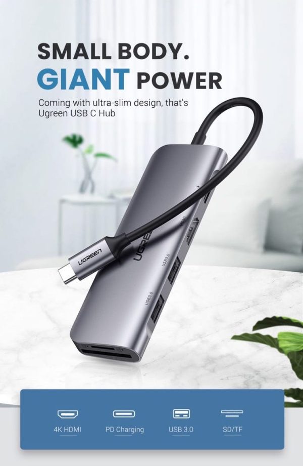 UGREEN USB C Hub 6 in 1 Dongle to HDMI 4K 2 USB 3.0 Ports SD TF Card Reader 100W PD Charging - 70411 - CM195 - Silver - Image 15