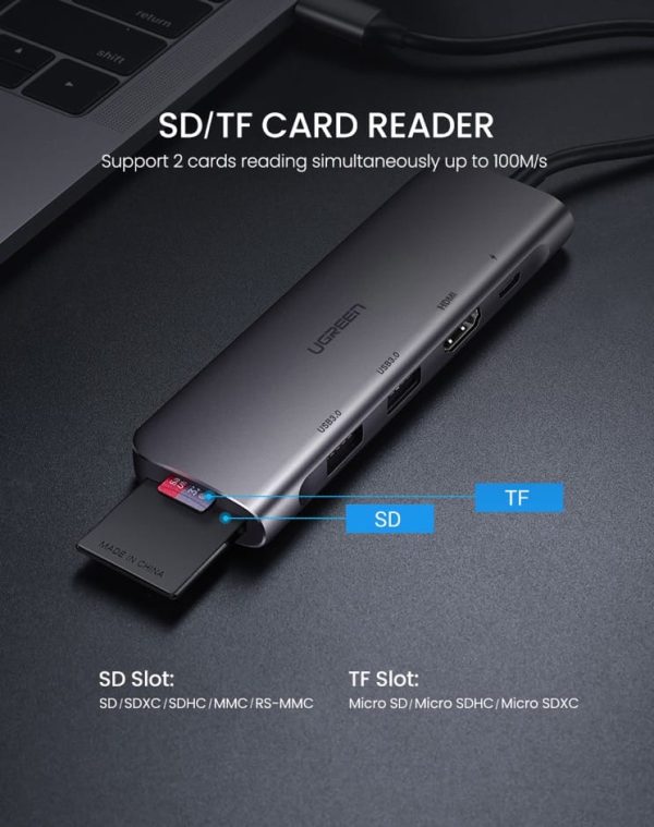 UGREEN USB C Hub 6 in 1 Dongle to HDMI 4K 2 USB 3.0 Ports SD TF Card Reader 100W PD Charging - 70411 - CM195 - Silver - Image 6