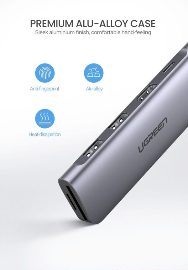 UGREEN USB C Hub 6 in 1 Dongle to HDMI 4K 2 USB 3.0 Ports SD TF Card Reader 100W PD Charging - 70411 - CM195 - Silver - Image 9