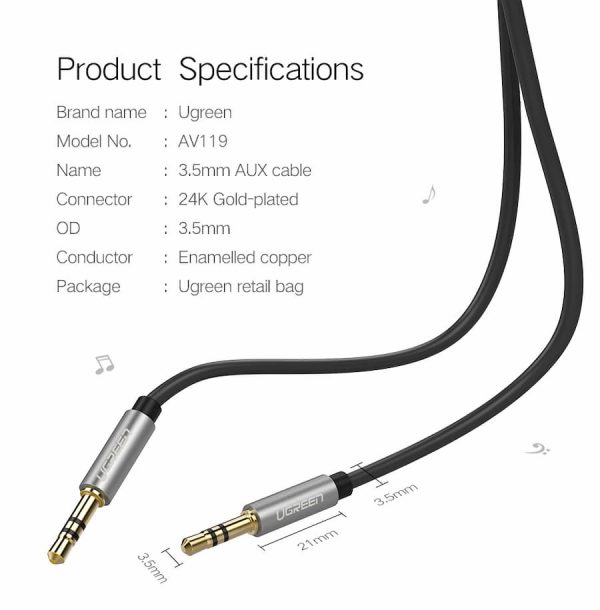 UGREEN AUX Audio Cable 3.5mm to 3.5mm - 3 feet - Black - 10733 - Image 6