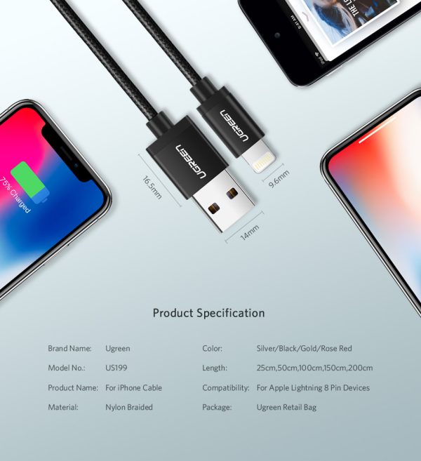 930-3_16 UGREEN USB A to Lightning Braided Cable MFi Certified iPhone Charging Cable Type A to Lightning Cable Aluminium Case - 6 Feet - 2M - Silver -  60163 - Image 13