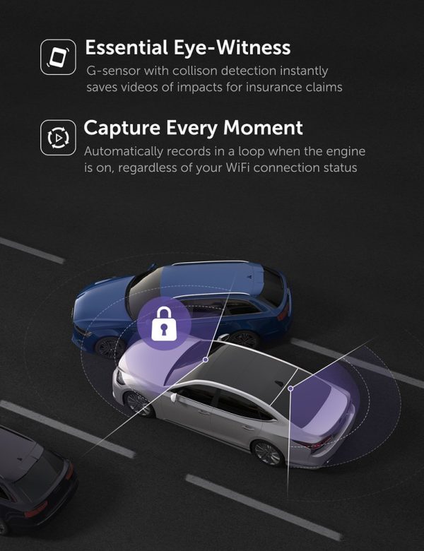 VAVA DASH Cam Dual 1920x1080P FHD Dash Cam, 2560x1440P Single Front, 30fps - 60fps Clear HD Videos, Night Vision, 24hr Parking Mode, Built-In WiFi, G-Sensor, Loop Recording, Supports 128GB Max - Black - VA-VD002 - Image 3