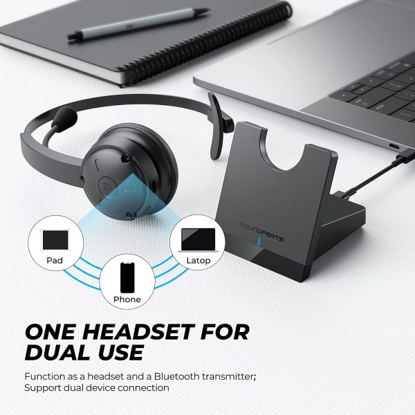 SoundPEATS A7 Headset Bluetooth Wireless with Microphone, QCC3020 Bluetooth 5.0 Headphone Trucker Headset with Mute Mic AI Noise Cancellation 30Hrs Talktime for Home Office Call Center Skype - Black - Image 4