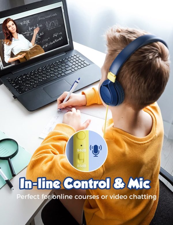 MPBH457AL-Feature (1) Mpow CHE1 Pro Kids Headphones Foldable Wired Headphones with Microphone 85/94dB Volume Limited Hearing Protection Kids Headphone - Blue / Yellow - Image 2