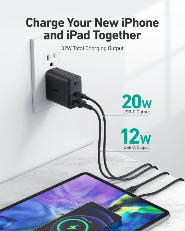 Aukey Swift 32W PD Wall Charger with 20W & 12W Port - US Plug -  Black - PA-F3S - Image 14
