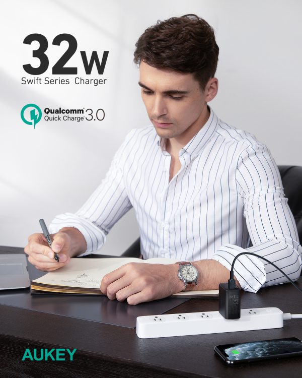 Aukey Swift 32W PD Wall Charger with 20W & 12W Port - US Plug -  Black - PA-F3S - Image 12