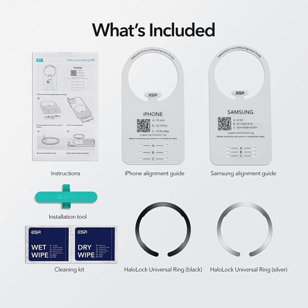 ESR Universal MagSafe Ring Halolock, Magnetic Wireless Charging Conversion Kit, MagSafe-Compatible Metal Ring, Compatible with iPhone 13/13 Pro/13 mini/13 Pro Max/12, Galaxy S21 - 2 Pack - Black and Silver - Image 2