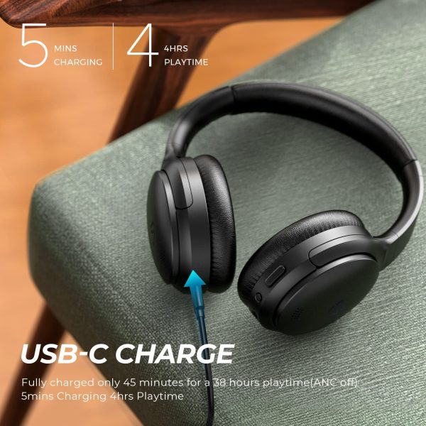 SoundPEATS A6 Hybrid Active Noise Cancelling Wireless Headphones New Over Ear Headphones, 40 Hours Playtime(ANC Off), USB-C, Foldable Design with Ergonomic Headband, Memory Foam Earcups - BB - Image 2