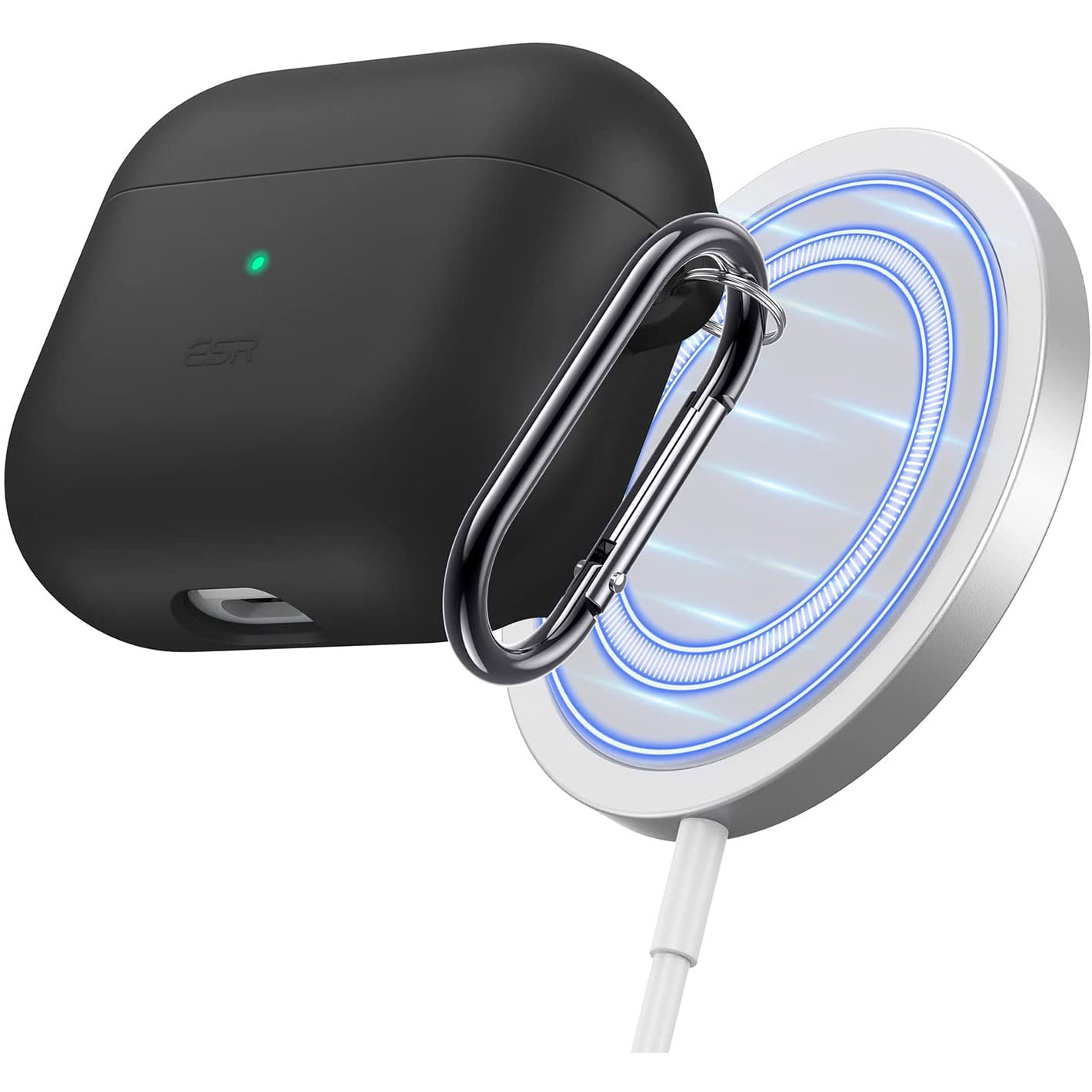 airpods-3-case-esr-soft-case-halolock-magsafe-charging- Airpods 3 MagSafe Halolock Soft Case by ESR Silicone Case, Hybrid Protective Case with Carabiner, Wireless Charging MagSafe Compatible - Black - Image 1