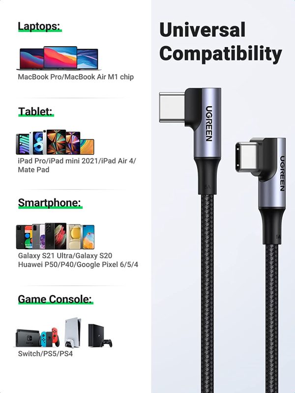 UGREEN USB-C to USB-C Cable USB Type C 100W Power Delivery 90 Degree PD Charging Cord - 9 Feet - Black - 10357 - Image 2