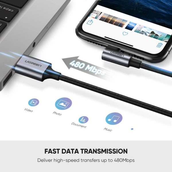 UGREEN USB A to Lightning Braided Cable Right Angle MFi Certified iPhone Charging Cable Type A to Lightning Cable Aluminium Case - 3 Feet - 1M - Black - 60521 - Image 2