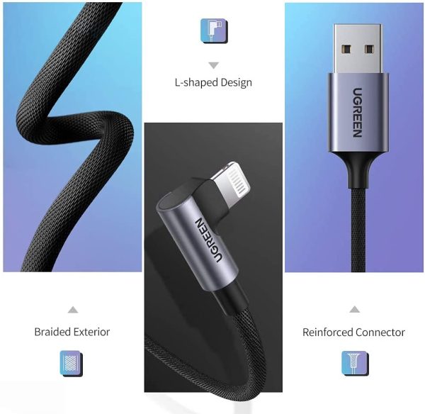 UGREEN USB A to Lightning Braided Cable Right Angle MFi Certified iPhone Charging Cable Type A to Lightning Cable Aluminium Case - 3 Feet - 1M - Black - 60521 - Image 3