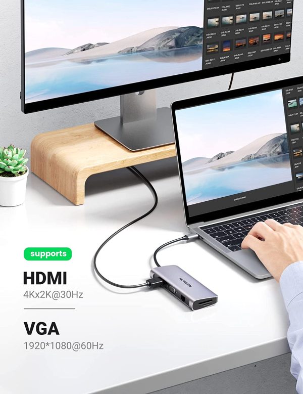 UGREEN USB C Hub 10 in 1 with 4K HDMI, VGA Output, 3.5mm Audio Port, 1000 Mbps Ethernet, 3 x USB 3.0 Ports, 100W PD Port Charging & SD Card TF Card Reader - Silver - 80133 - Image 7