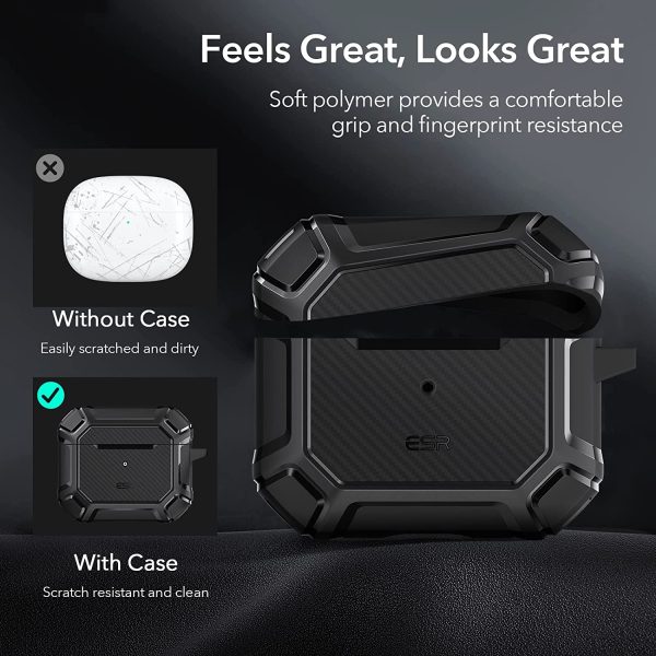Airpods 3 Shockproof Case by ESR  with Carabiner, Rugged Protective Cover, Scratch Resistant, Drop Protection, Shock Armor Series - Black - Image 2