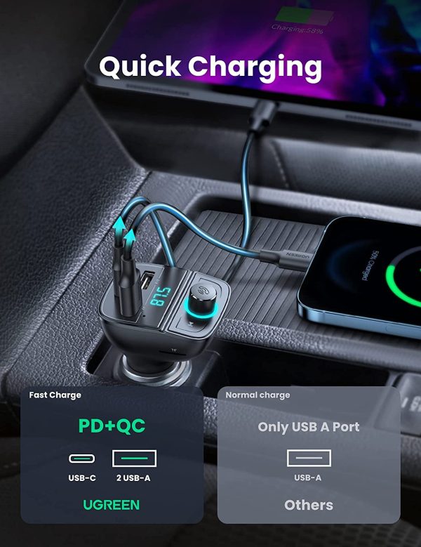 71eYacDGBnL._SL1500_ UGREEN Car Bluetooth Adapter - Bluetooth FM Transmitter for Car PD/QC 3.0 Car Charger for iPhone 13/12/12 Pro/11, Support Hand-Free Calling/MP3 Audio Playing/TF&USB Driver/Car Voltage Display - 80910 - Image 3