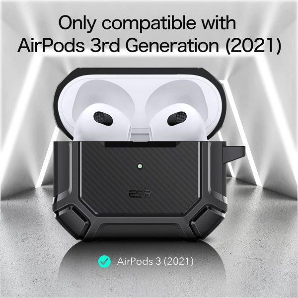 Airpods 3 Shockproof Case by ESR  with Carabiner, Rugged Protective Cover, Scratch Resistant, Drop Protection, Shock Armor Series - Black - Image 3