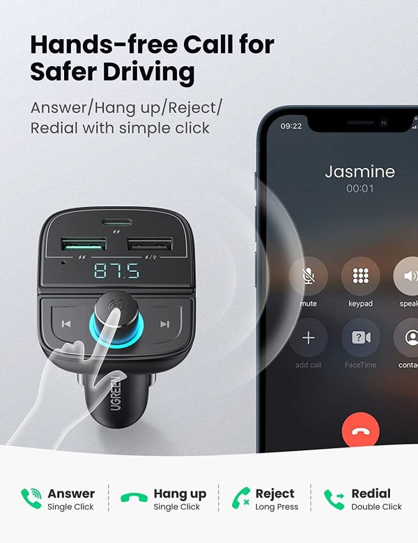 71v3FPM45aS._SL1500_ UGREEN Car Bluetooth Adapter - Bluetooth FM Transmitter for Car PD/QC 3.0 Car Charger for iPhone 13/12/12 Pro/11, Support Hand-Free Calling/MP3 Audio Playing/TF&USB Driver/Car Voltage Display - 80910 - Image 7