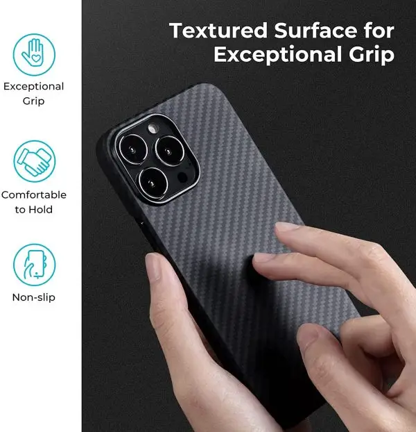 iPhone 13 Pro MagEZ Case 2 MagSafe Compatible Carbon Fiber Magnetic Case by PITAKA - Black / Grey Twill - Image 5