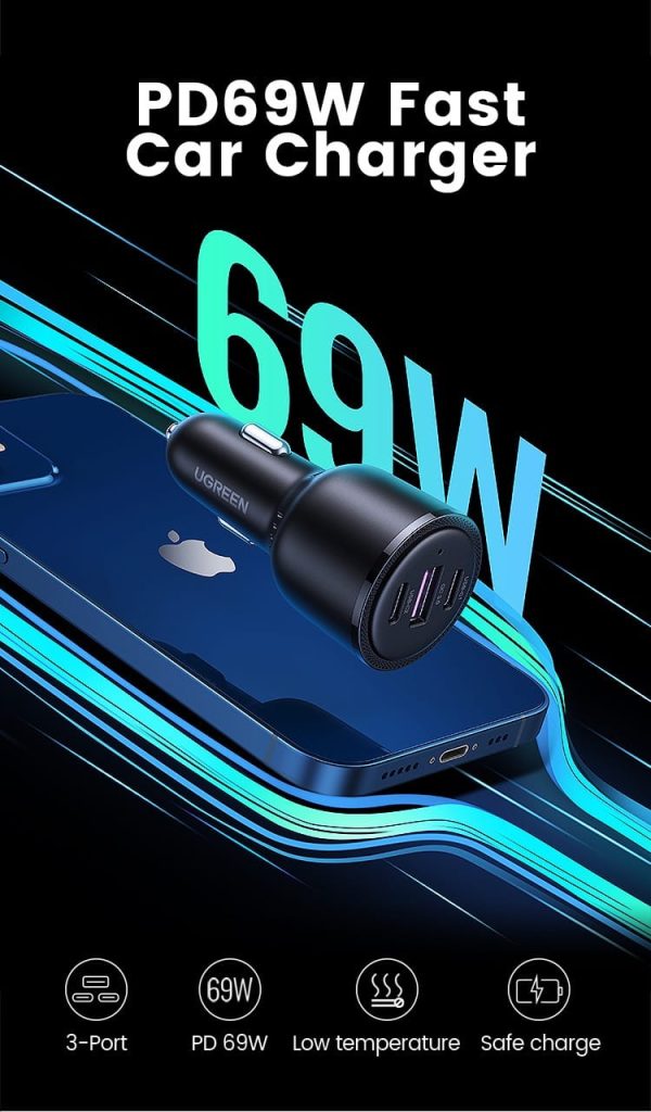 UGREEN Car Charger 69W 3 Ports Super Fast Car charger with PD & QC3.0 , PPS , FCP , AFC  - 20467 - Black - Image 2