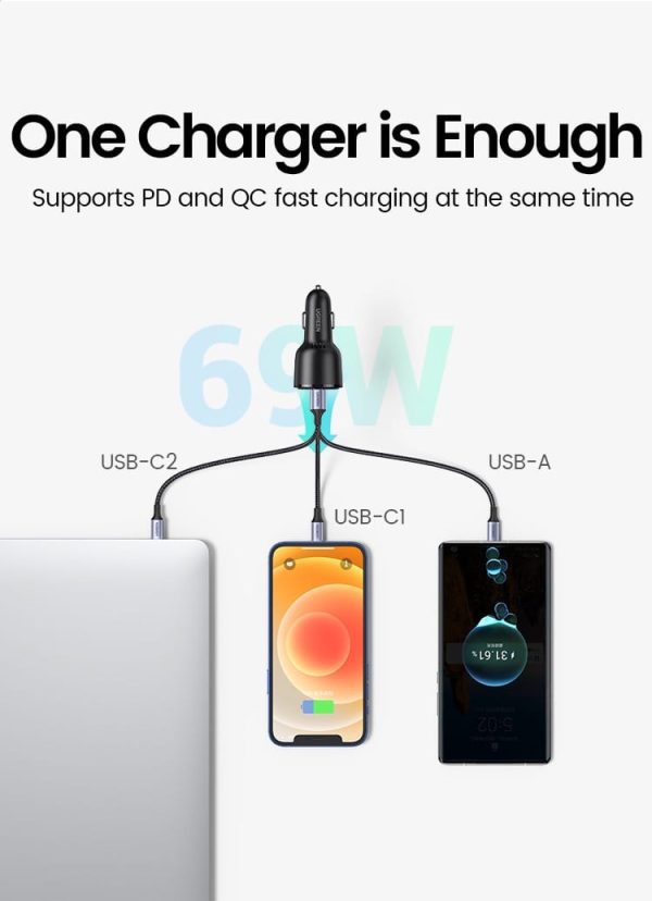UGREEN Car Charger 69W 3 Ports Super Fast Car charger with PD & QC3.0 , PPS , FCP , AFC  - 20467 - Black - Image 3