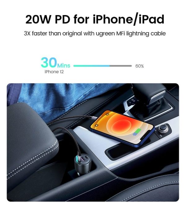 UGREEN Car Charger 69W 3 Ports Super Fast Car charger with PD & QC3.0 , PPS , FCP , AFC  - 20467 - Black - Image 5