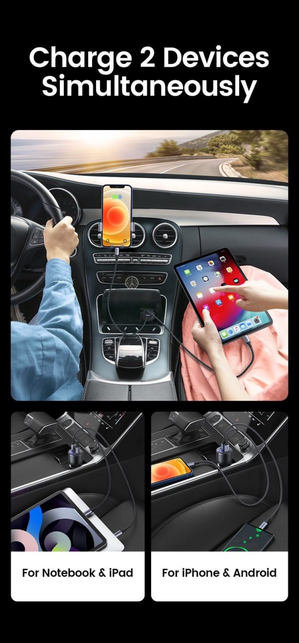 UGREEN Car Charger 69W 3 Ports Super Fast Car charger with PD & QC3.0 , PPS , FCP , AFC  - 20467 - Black - Image 7