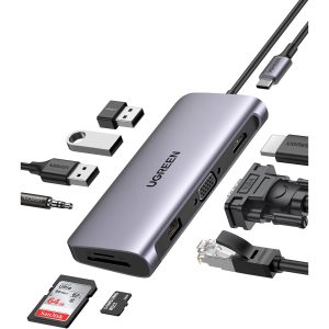 UGREEN USB C Hub 10 in 1 with 4K HDMI, VGA Output, 3.5mm Audio Port, 1000 Mbps Ethernet, 3 x USB 3.0 Ports, 100W PD Port Charging & SD Card TF Card Reader - Silver - 80133