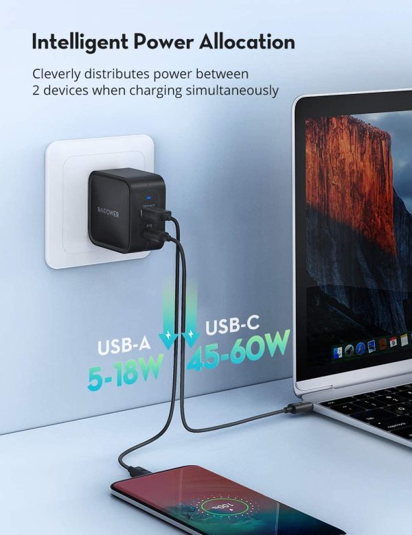 RAVpower PD Pioneer 65W GaN Tech USB C Wall Charger with USB C to USB C Cable - RP-PC133 - US Plug - Black - Image 10