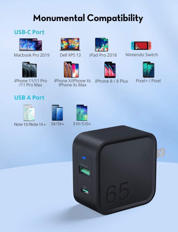 RAVpower PD Pioneer 65W GaN Tech USB C Wall Charger with USB C to USB C Cable - RP-PC133 - US Plug - Black - Image 9