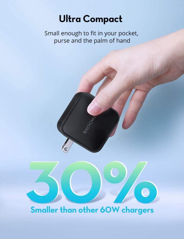 RAVpower PD Pioneer 65W GaN Tech USB C Wall Charger with USB C to USB C Cable - RP-PC133 - US Plug - Black - Image 8