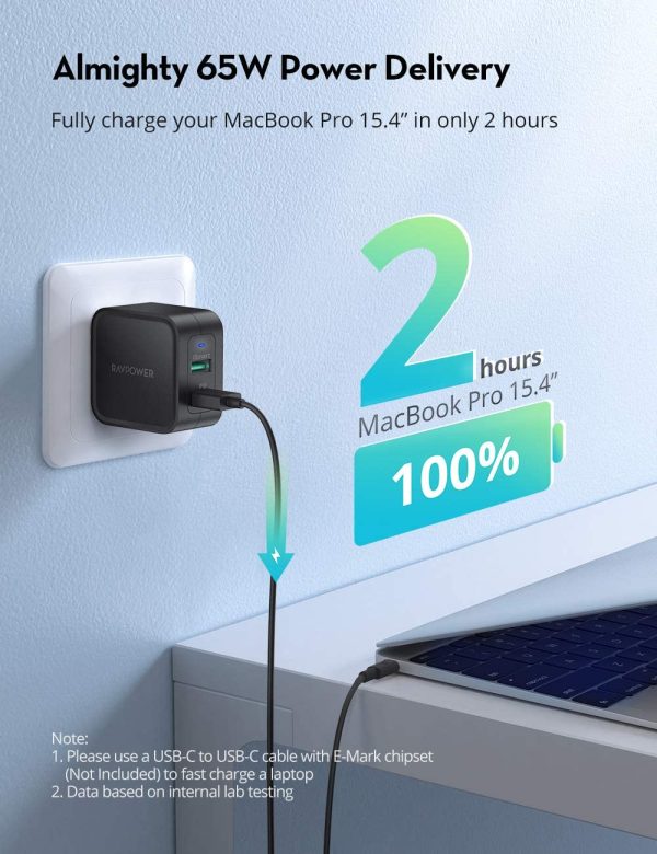 RAVpower PD Pioneer 65W GaN Tech USB C Wall Charger with USB C to USB C Cable - RP-PC133 - US Plug - Black - Image 7