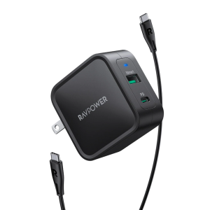 RAVpower PD Pioneer 65W GaN Tech USB C Wall Charger with USB C to USB C Cable - RP-PC133 - US Plug - Black