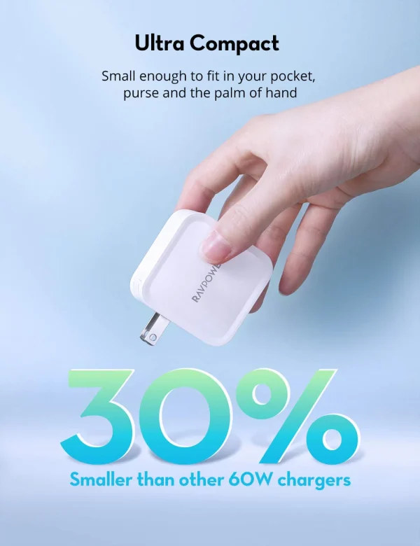 RAVpower PD Pioneer 65W GaN Tech USB C Wall Charger with USB C to USB C Cable - RP-PC133 - US Plug - Black - Image 5